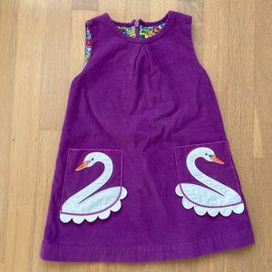 Mini Boden purple swan corduroy jumper dress 3-4y